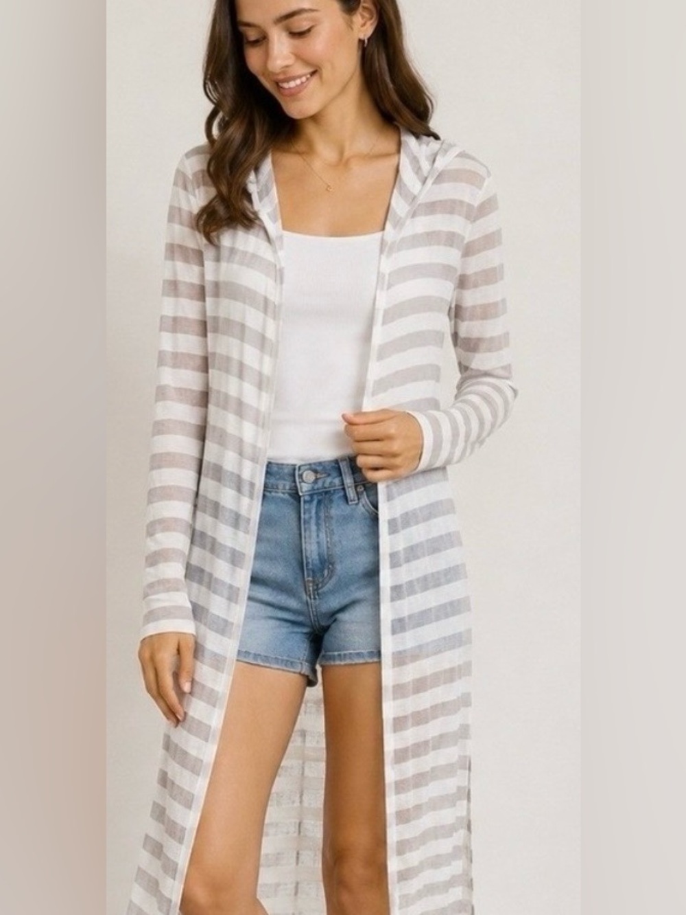 Garnet Hill Hooded Duster Cardigan Lightweight Striped - White & Light Gray
